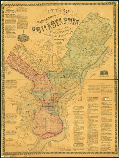 Mappa di Scott della città consolidata di Filadelfia, 1856 (incisione colorata a mano) da James F. Scott